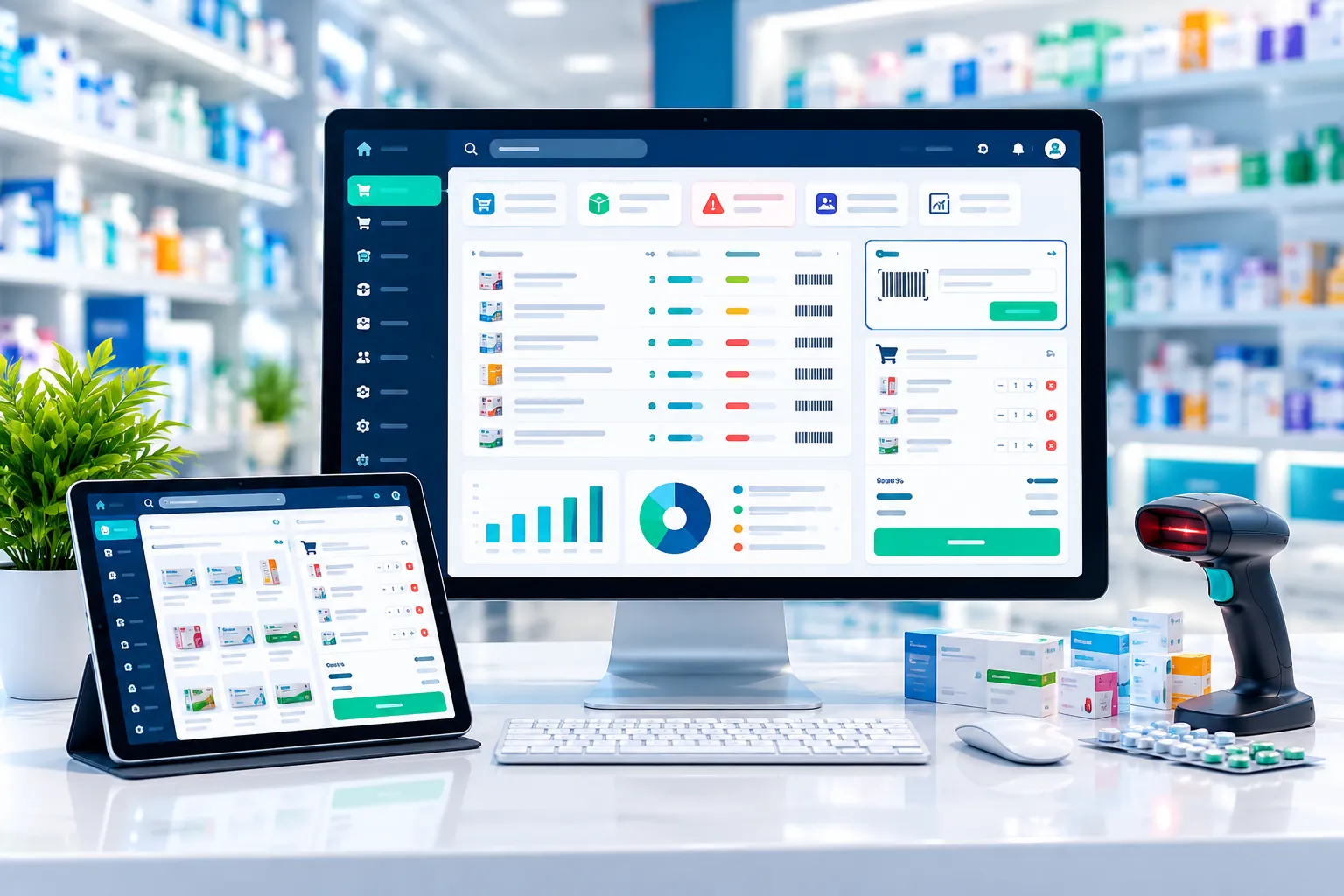 Pharmacy POS dashboard concept showing medicine inventory, barcode lookup and sales reports