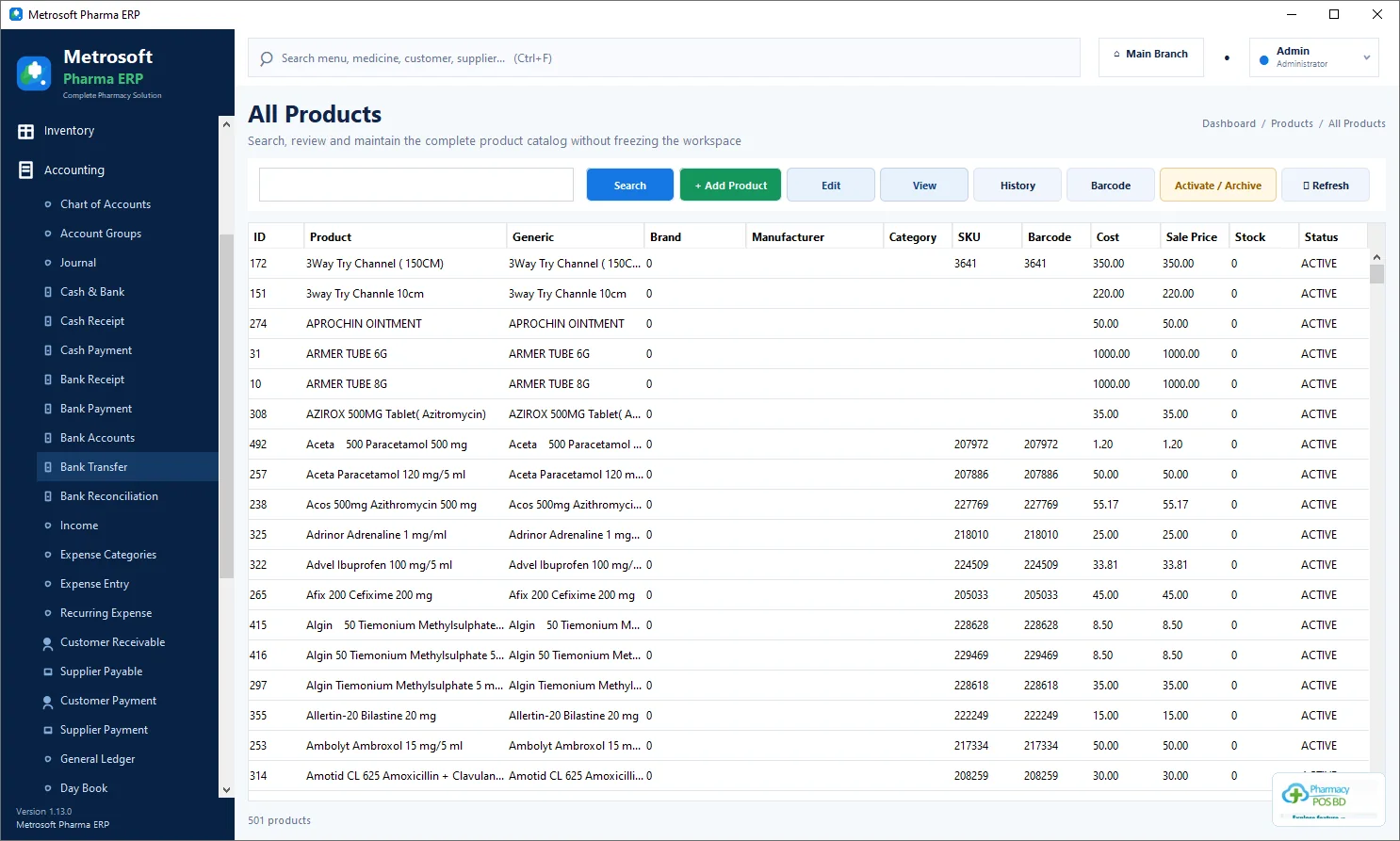 Pharmacy ERP accounting workspace reference for financial and back-office workflows