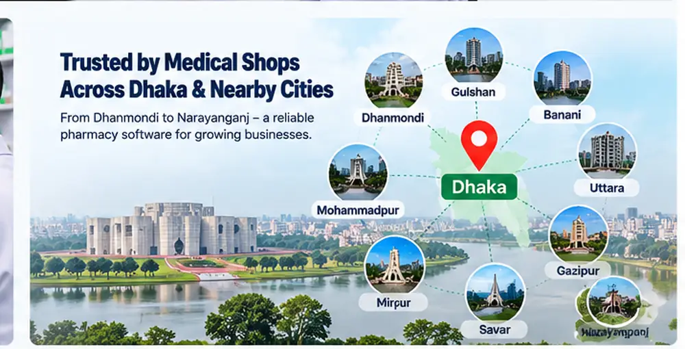 Illustrative location graphic for pharmacies in Dhaka and nearby areas including Dhanmondi, Gulshan, Banani, Mirpur, Uttara, Narayanganj, Gazipur and Savar